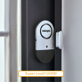 Noopel door alarm packaging, six-pack kit contents and accessories.