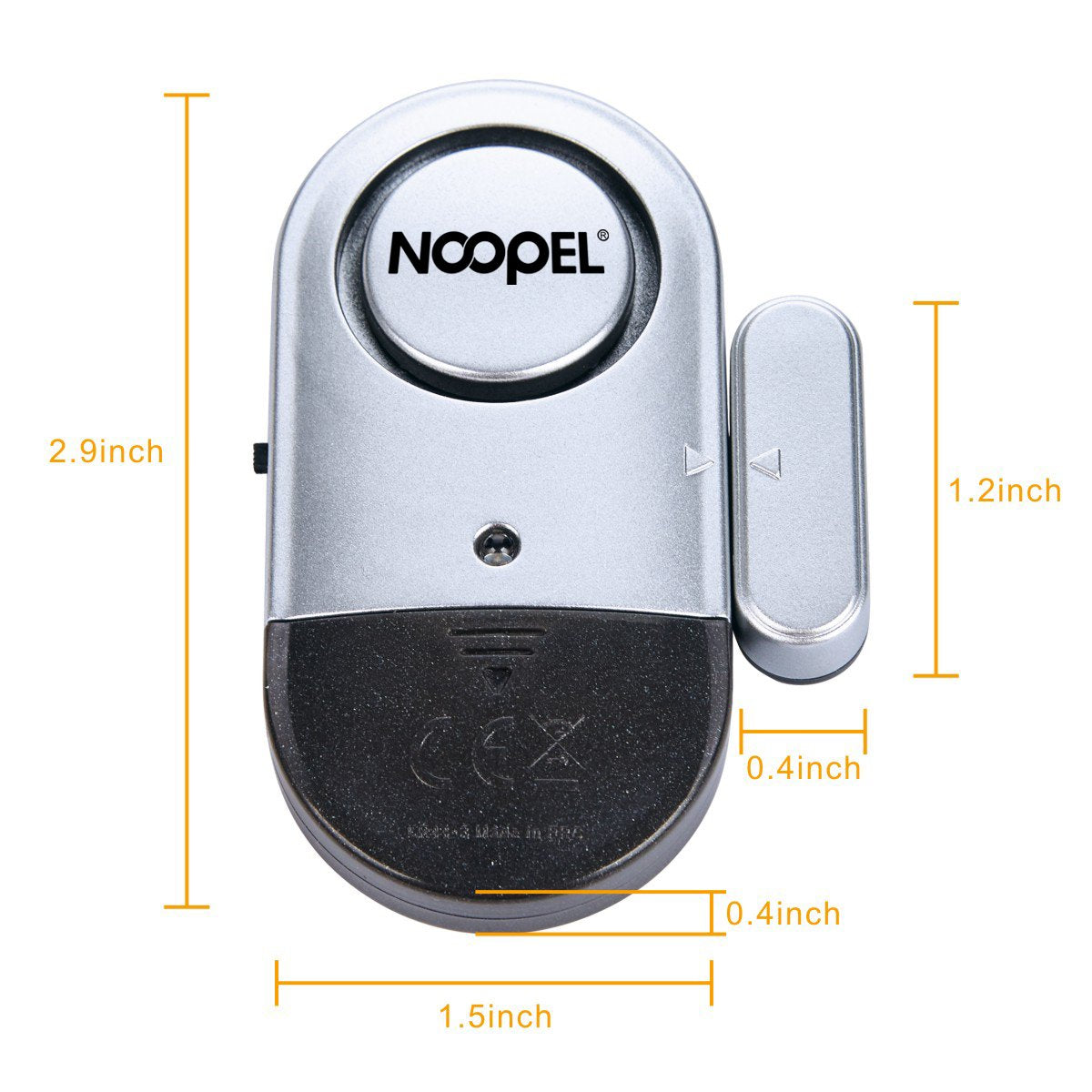 Noopel door alarm six-pack back view, slim, discreet placement.