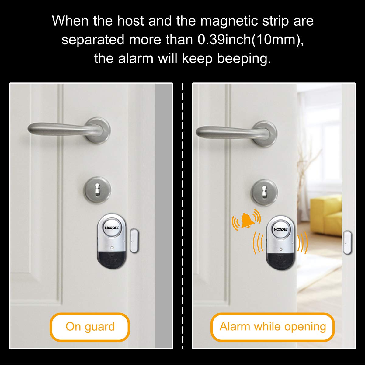 Noopel door alarm six-pack side view, easy mounting with adhesive.