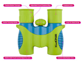Child holding Noptix binoculars in backyard encouraging exploration