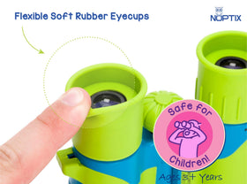 Noptix front view blue binoculars highlighting kid-friendly colors and grip