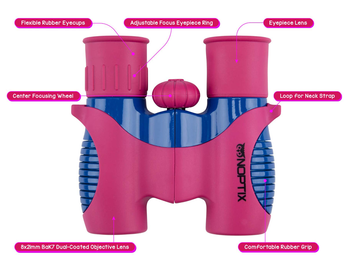Noptix binoculars paired with 40-bird sticker book for learning