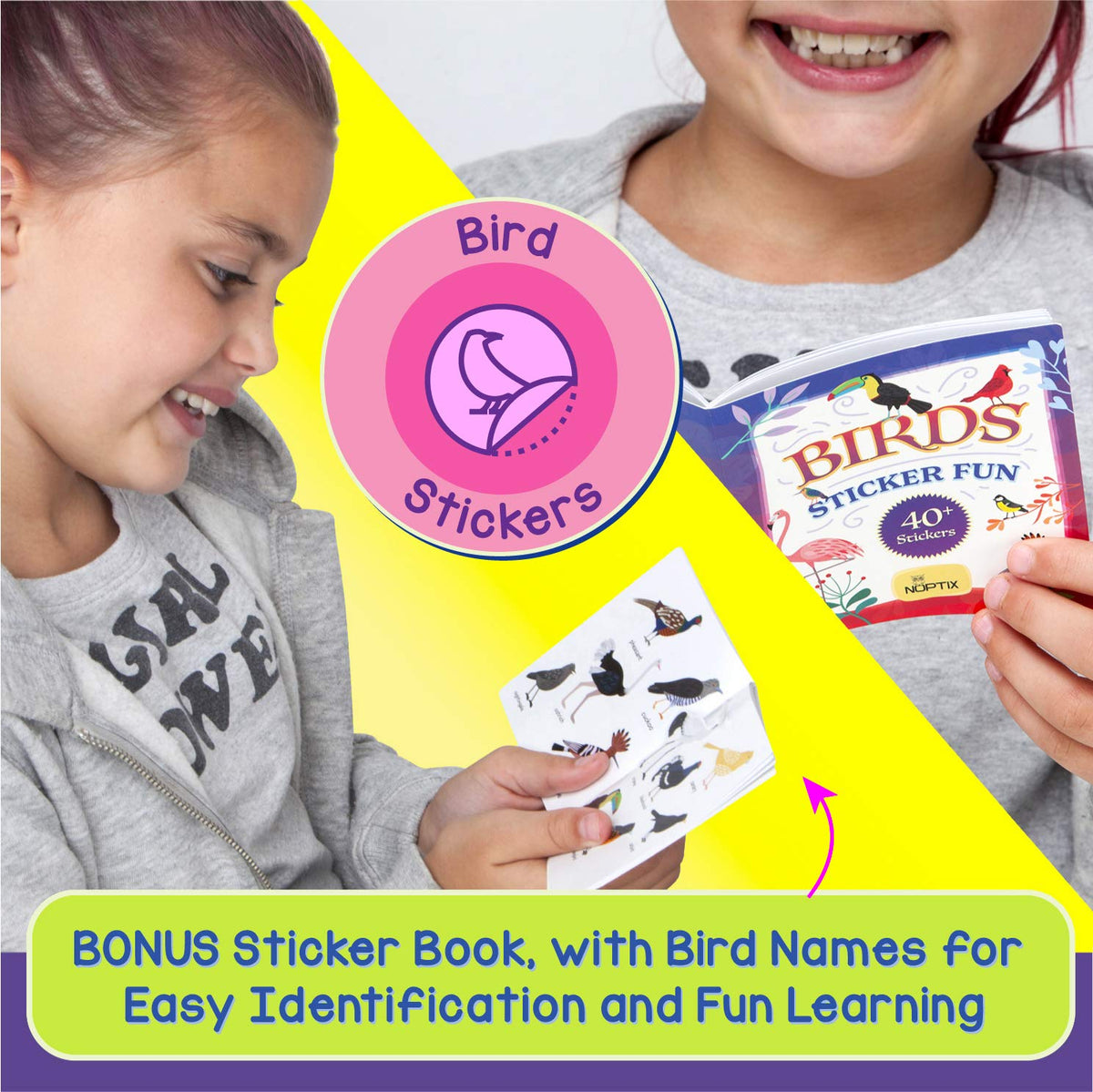Noptix sticker book open with 40 bird species for hands-on learning