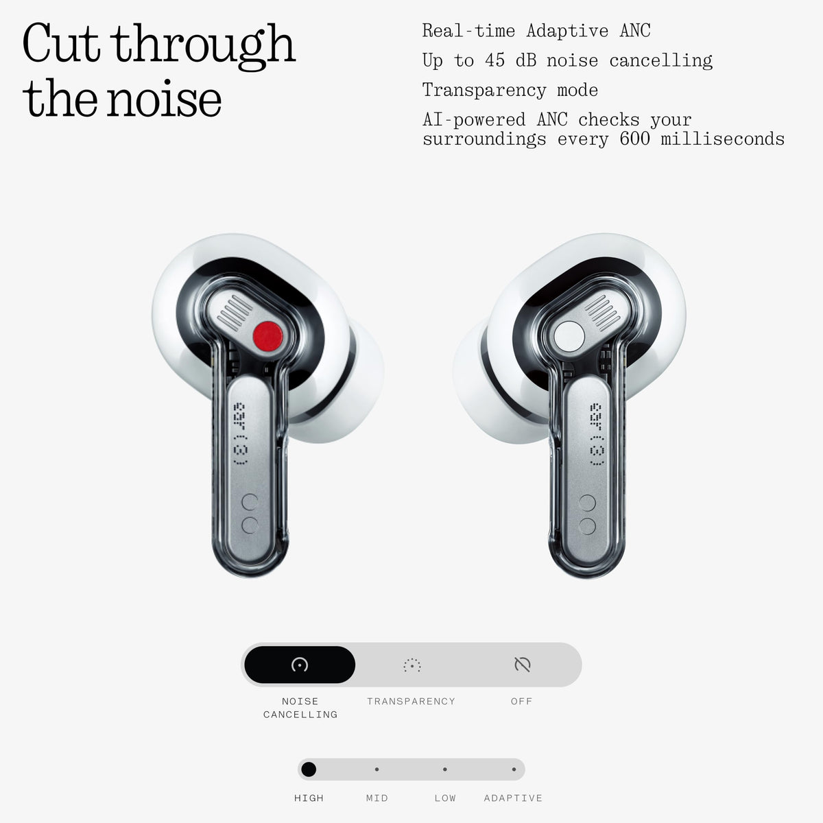 Nothing Ear (3) buds ANC visual highlights deep noise cancellation for focused workouts.