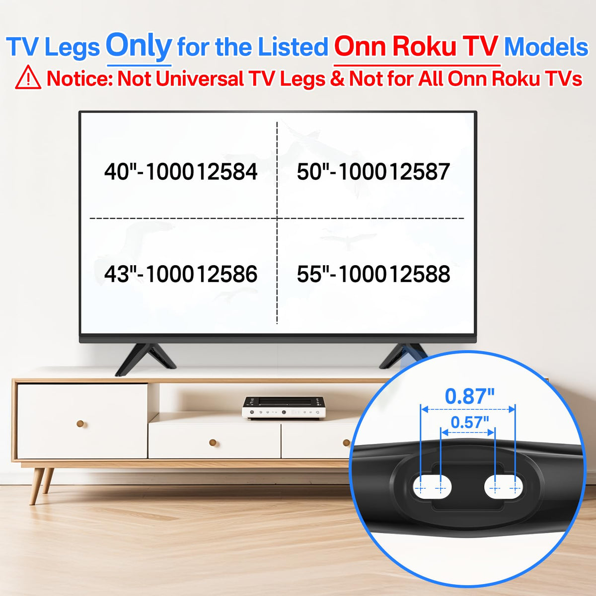 Notiela Onn TV legs side view highlights anti-slip feet and surface protection.