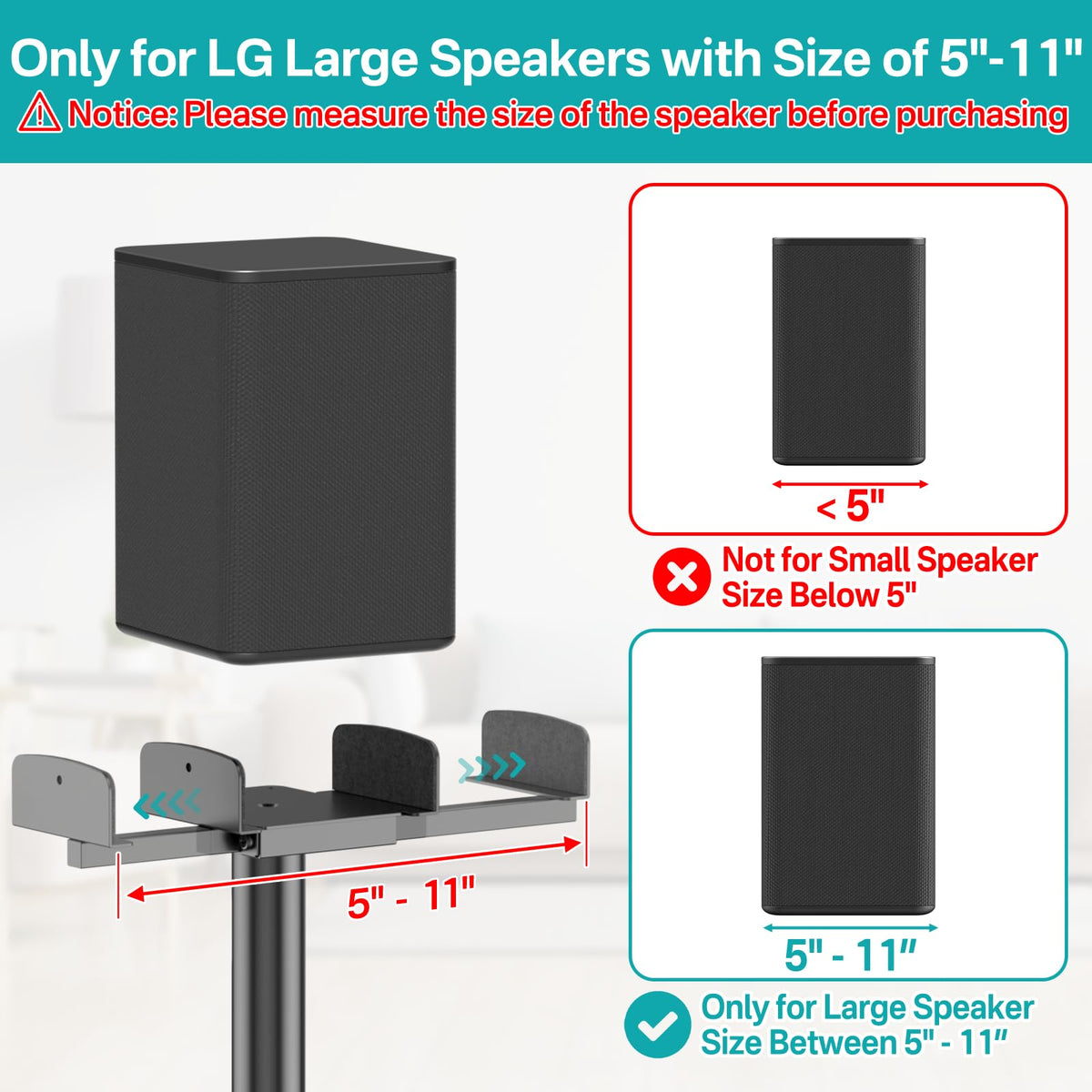 Notiela surround sound stands with adjustable tray fit LG models for precise placement.