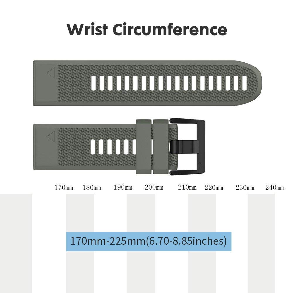Wrist measurement guide showing 170-225 mm range for sizing