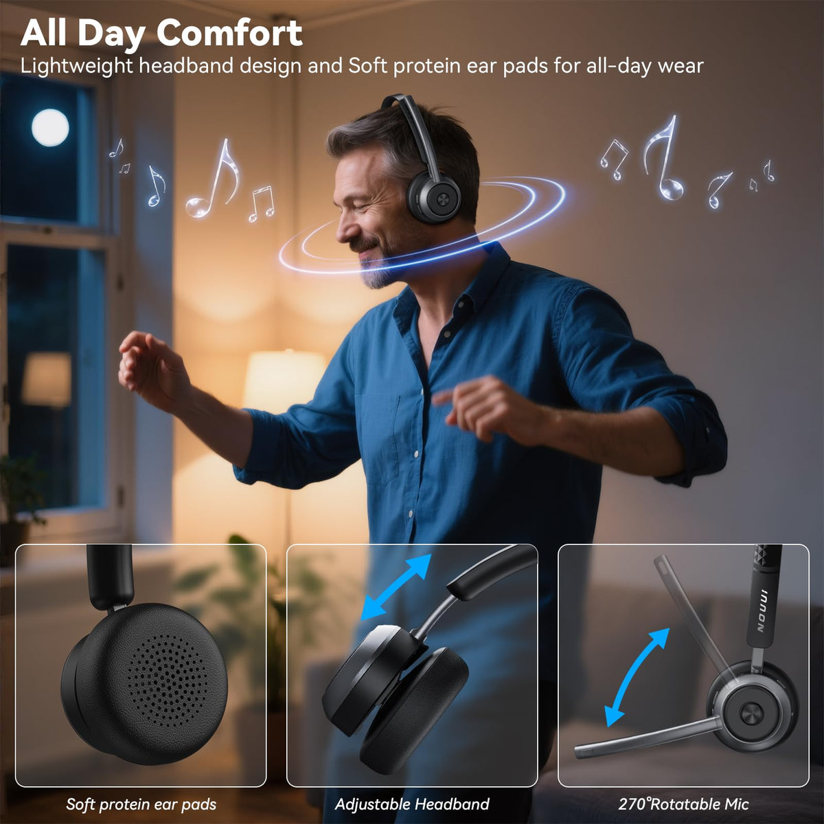 NOUUI headset in a home office demonstrating clear remote calls