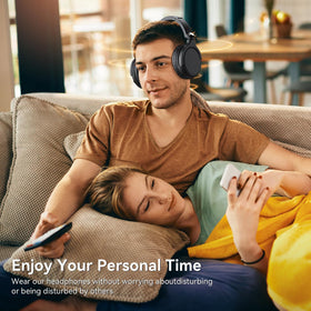 NOUUI over-ear headphones closeup showing comfortable build.