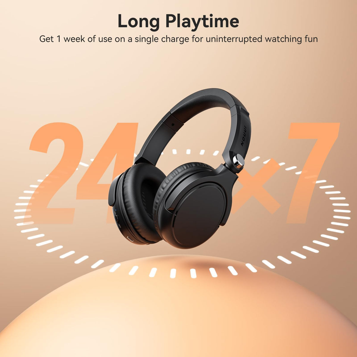 NOUUI room view with headphones highlighting flexible wireless listening.