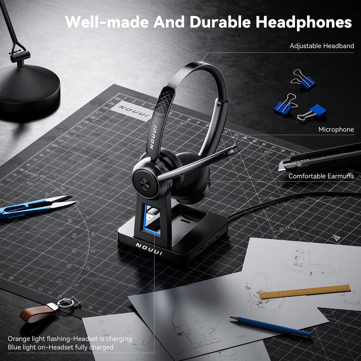 NOUUI headset next to smartphone showing compact size and range
