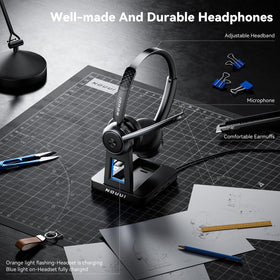 NOUUI headset next to smartphone showing compact size and range