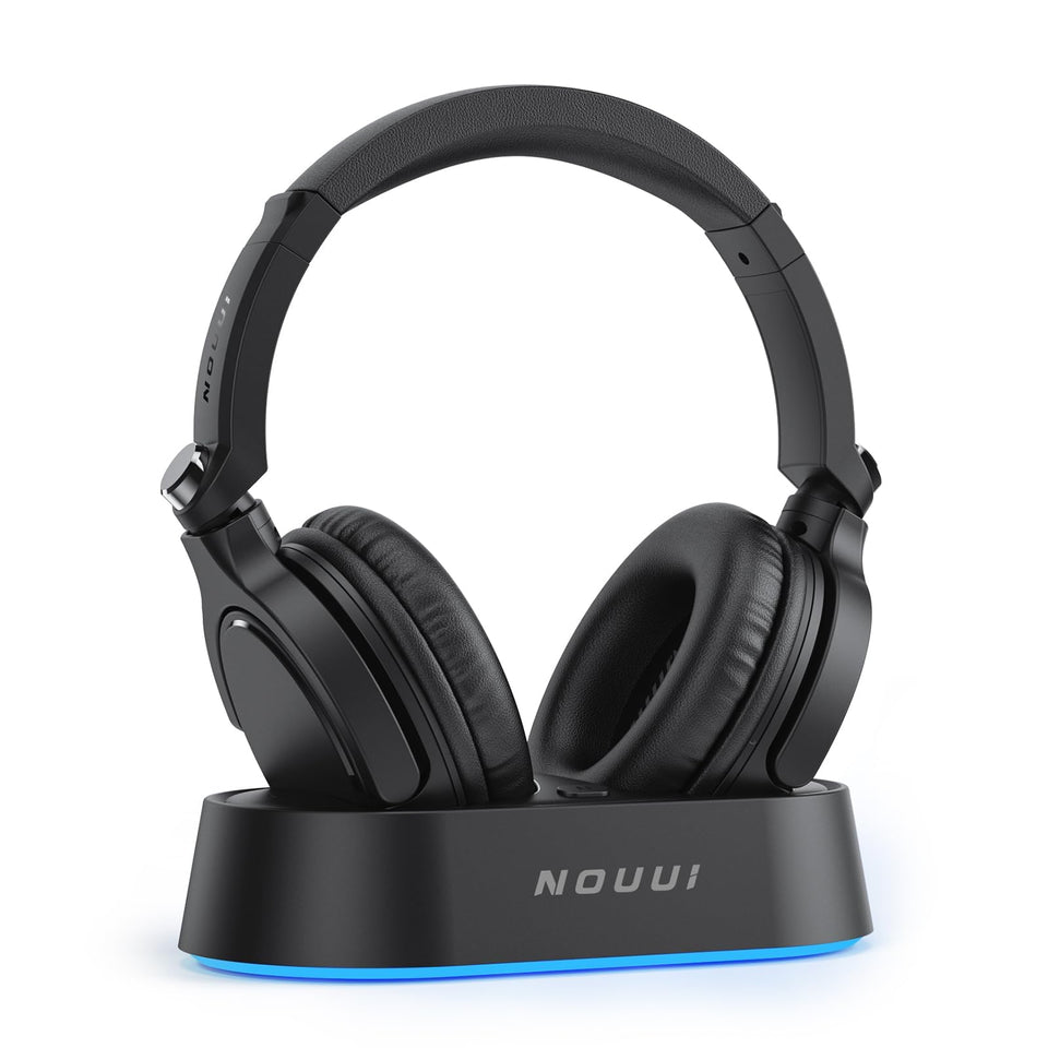 NOUUI wireless TV headphones setup for immersive viewing.