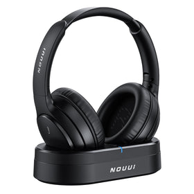 NOUUI wireless headphones beside the TV transmitter dock for quick pairing