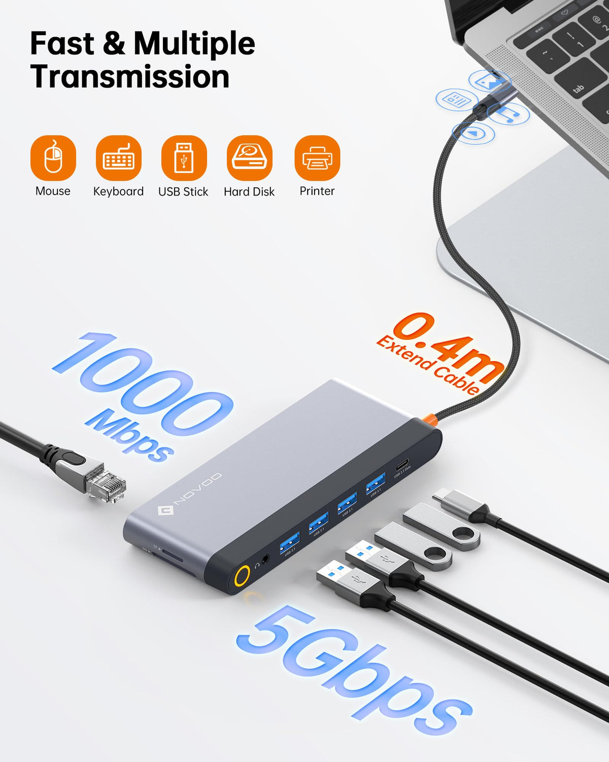 NOVOO 100W PD port with cable attached illustrating fast laptop charging while docked