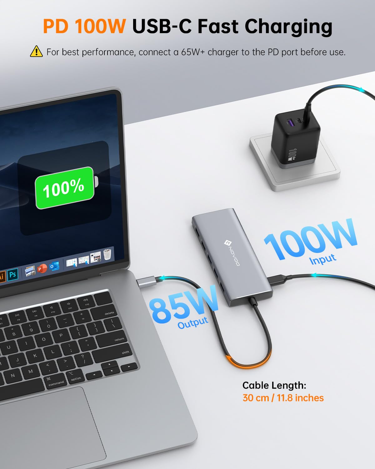 NOVOO cable length displayed alongside hand to show compact portability