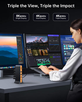 NOVOO connected to monitors showing dual HDMI and DP outputs for enhanced multi-display productivity