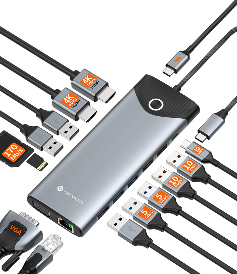 NOVOO dock front view showing ports and compact design, improving workspace organization