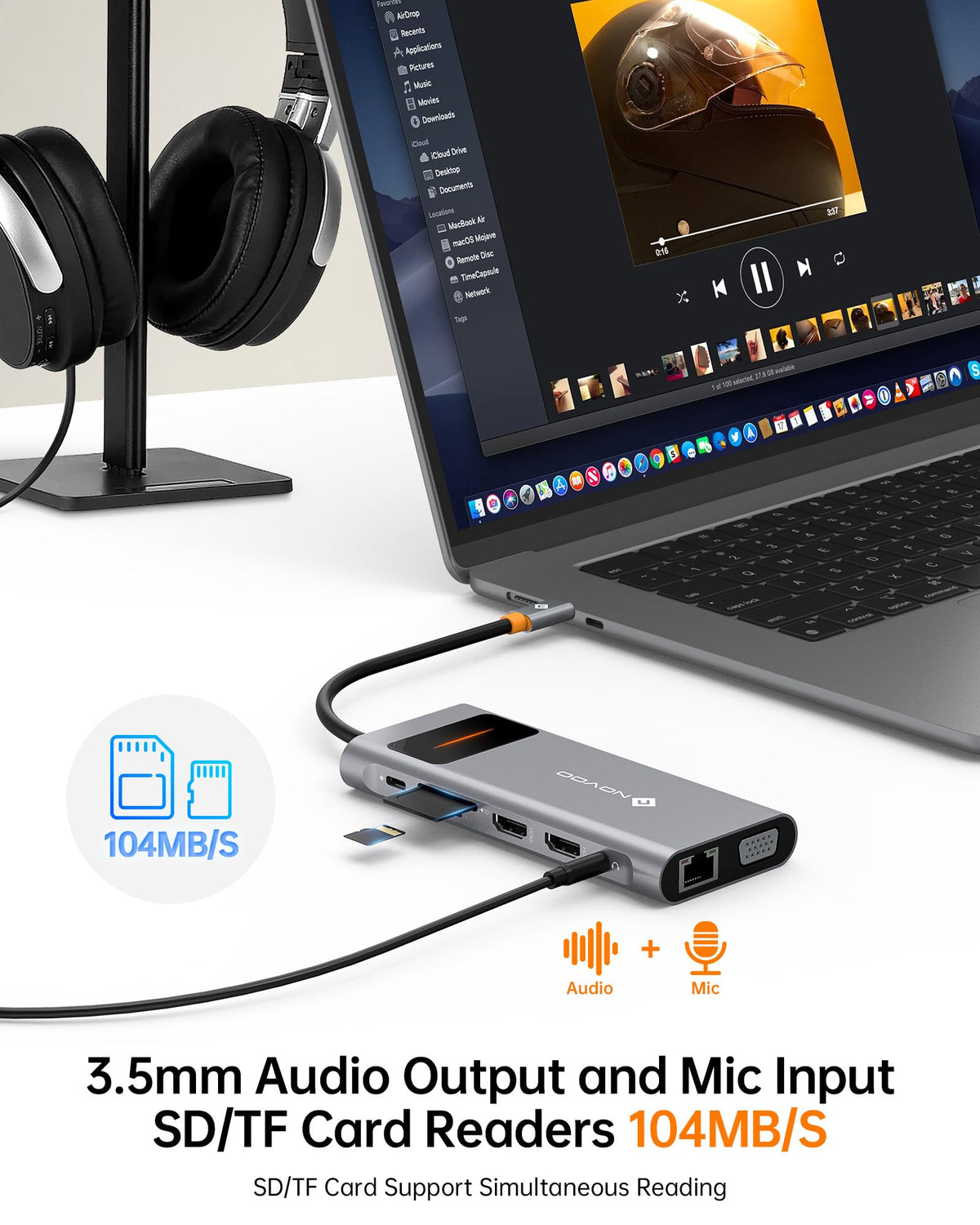 NOVOO connected to laptop powering two external monitors for multitasking efficiency