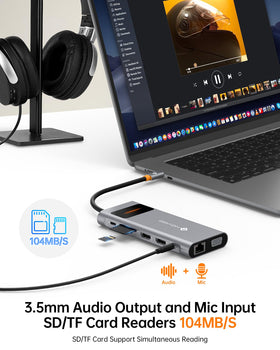 NOVOO connected to laptop powering two external monitors for multitasking efficiency