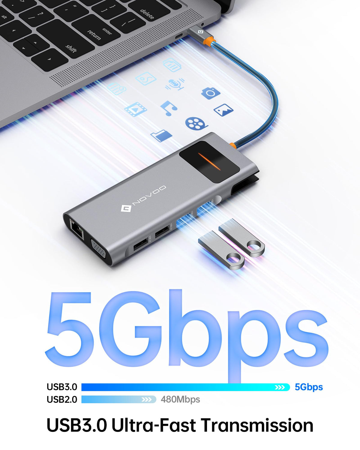 NOVOO next to laptop to show scale and portable size for travel convenience