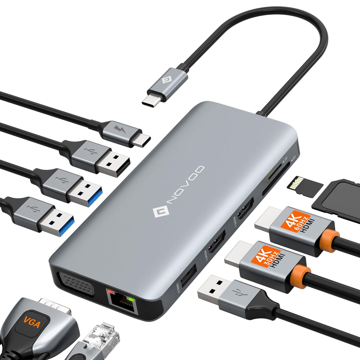 NOVOO docking station front ports showing dual HDMI and VGA for multi-display setup