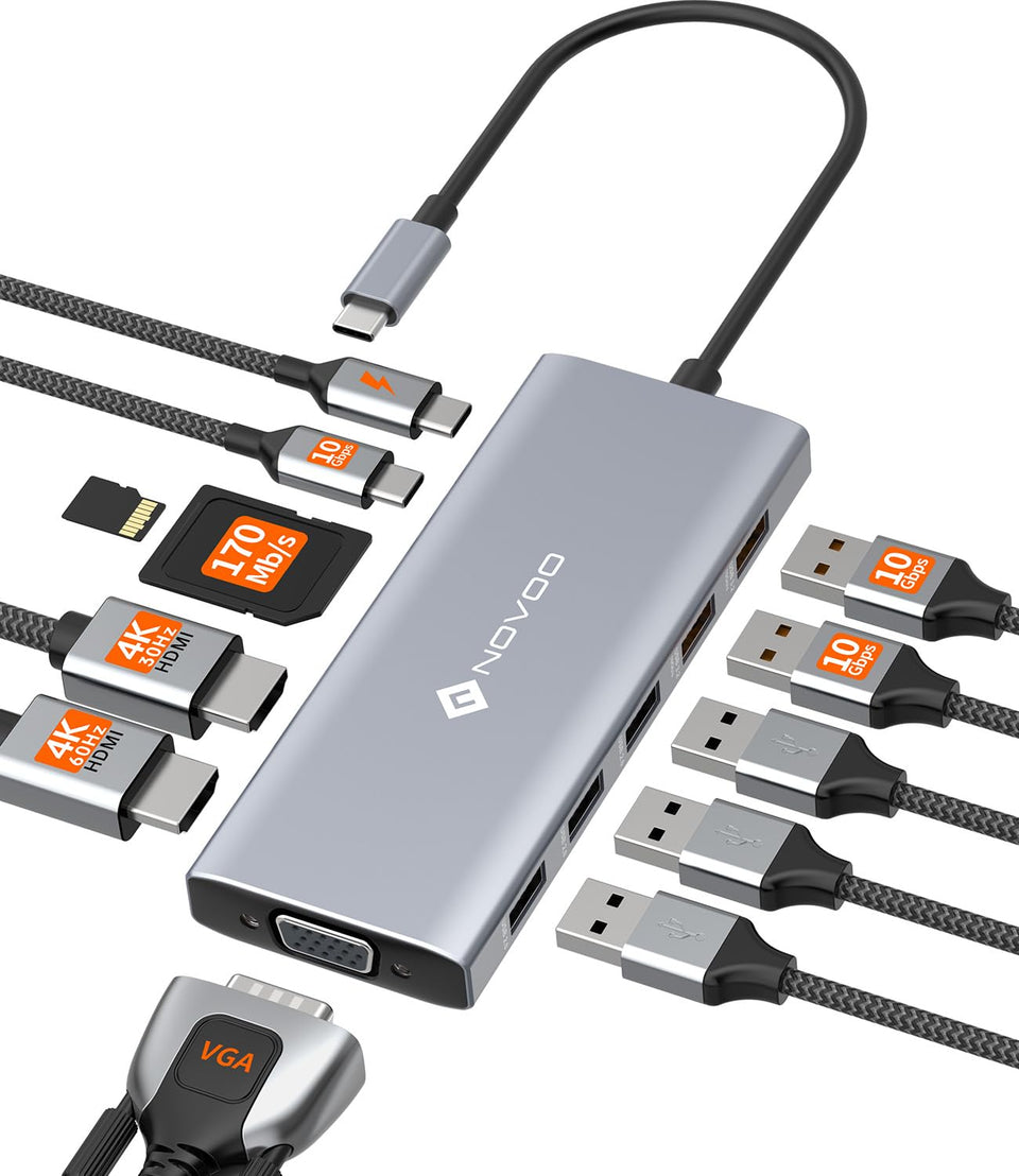 NOVOO front view showing all ports and compact design for desk expansion