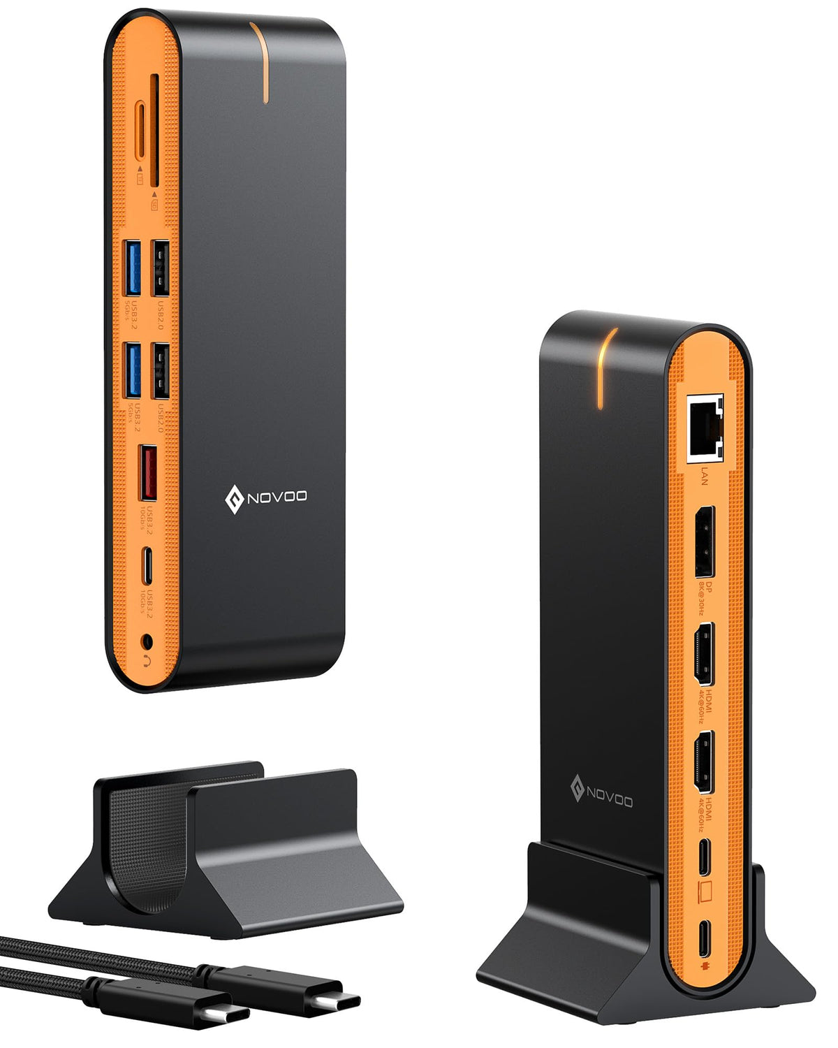 NOVOO docking station front view showing full port array and sleek housing benefits workspace organization