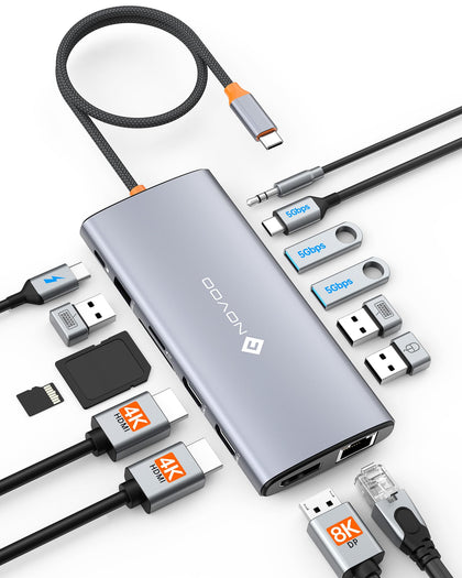 NOVOO docking station front view showing all ports and connectivity benefits