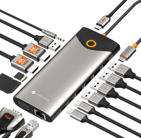 NOVOO docking station front view showing all ports and compact design for workspace efficiency