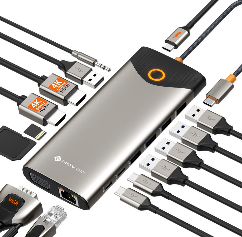 NOVOO docking station front view showing all ports and compact design for workspace efficiency