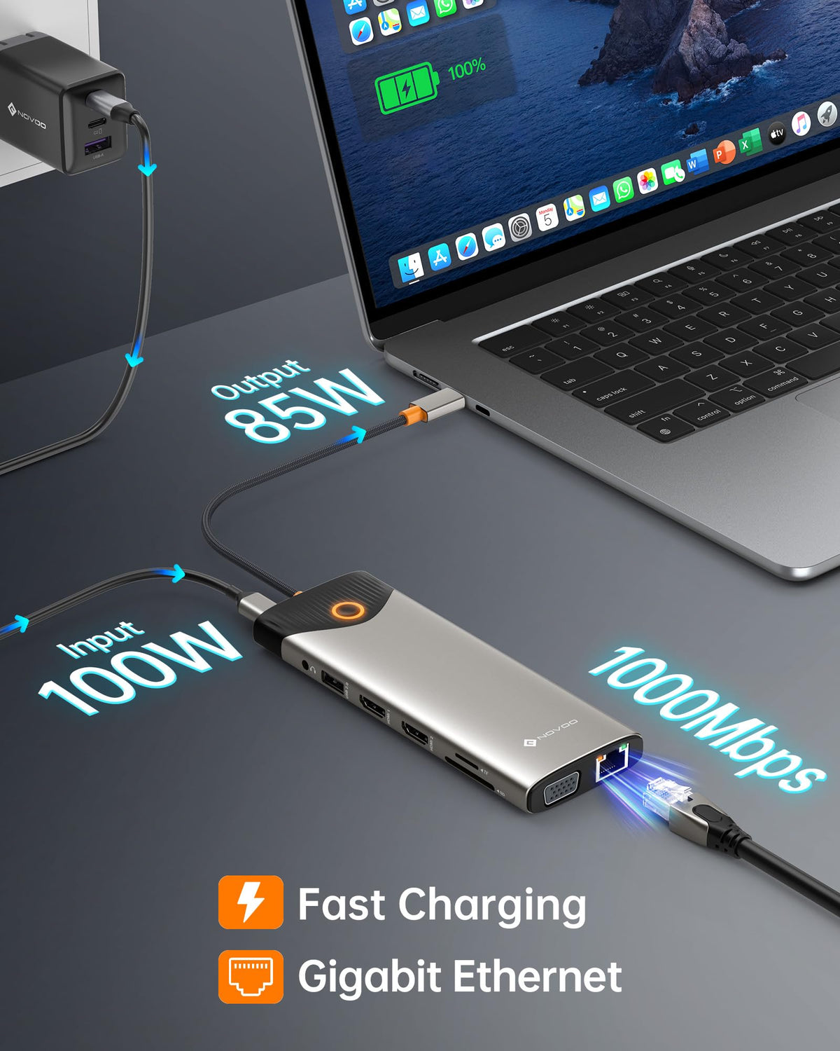 NOVOO powering three monitors showing expanded desktop for multitasking productivity