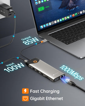 NOVOO powering three monitors showing expanded desktop for multitasking productivity