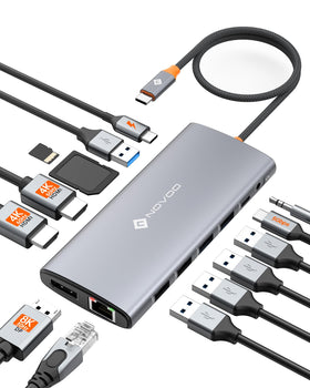NOVOO docking station front view showing all ports and compact design for workspace convenience