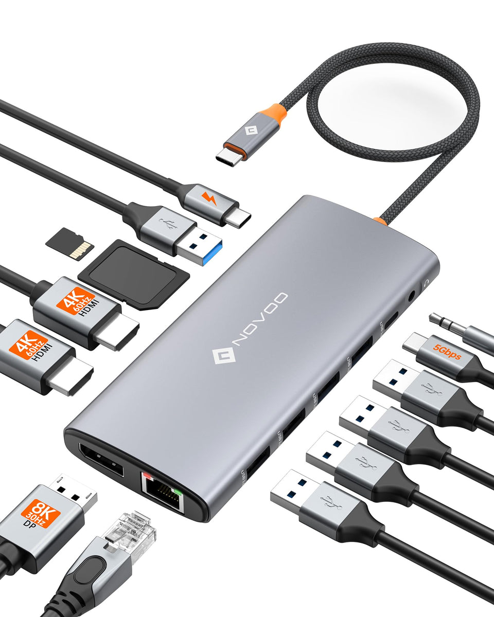 NOVOO docking station front view showing all ports and compact design for workspace convenience