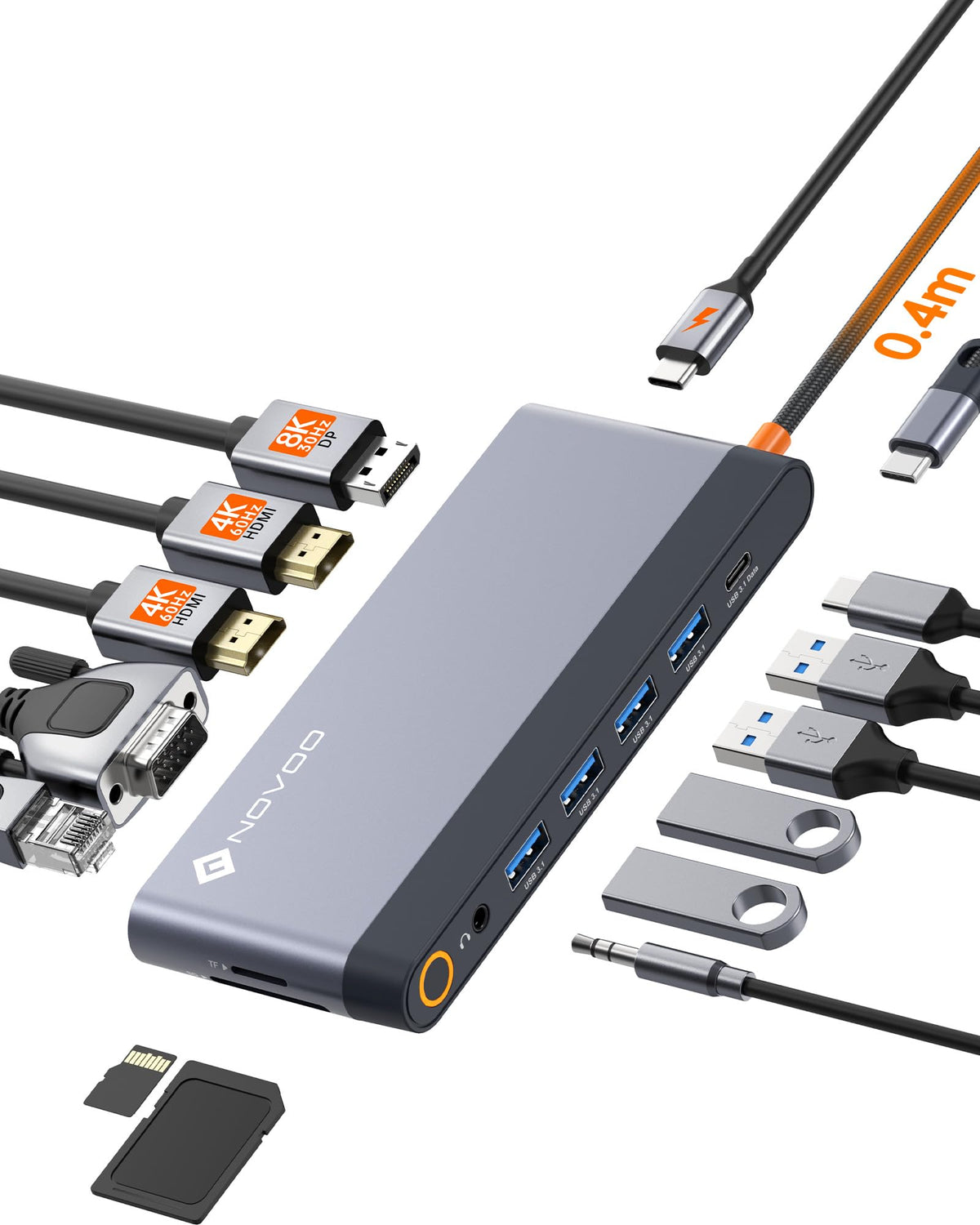NOVOO docking station front view showing all ports and compact housing, for desktop expansion