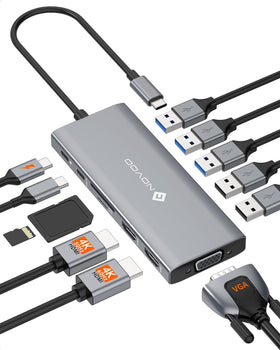 NOVOO front view with laptop showing multiple ports and simplified workstation setup