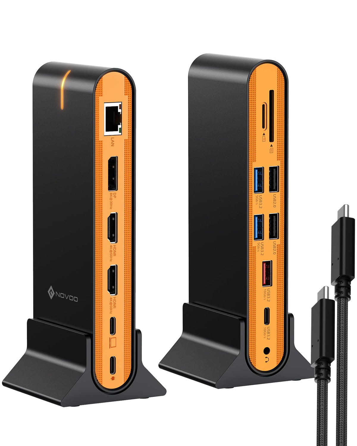 NOVOO retail box and cables laid out highlighting included accessories for out-of-box setup ease