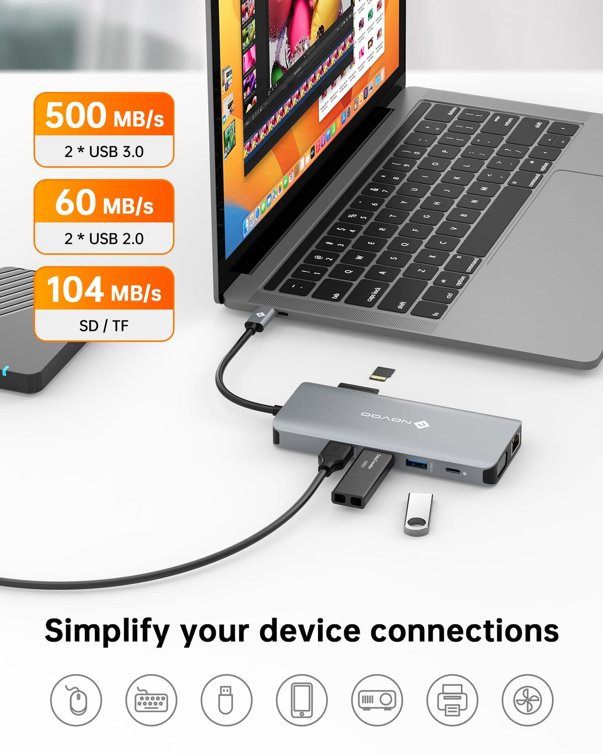 NOVOO USB-C PD port with charger connected to power laptop reliably