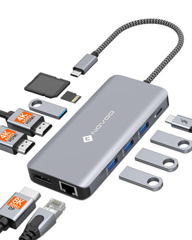 NOVOO USB-C docking station on a desk powering multiple displays for a clean setup