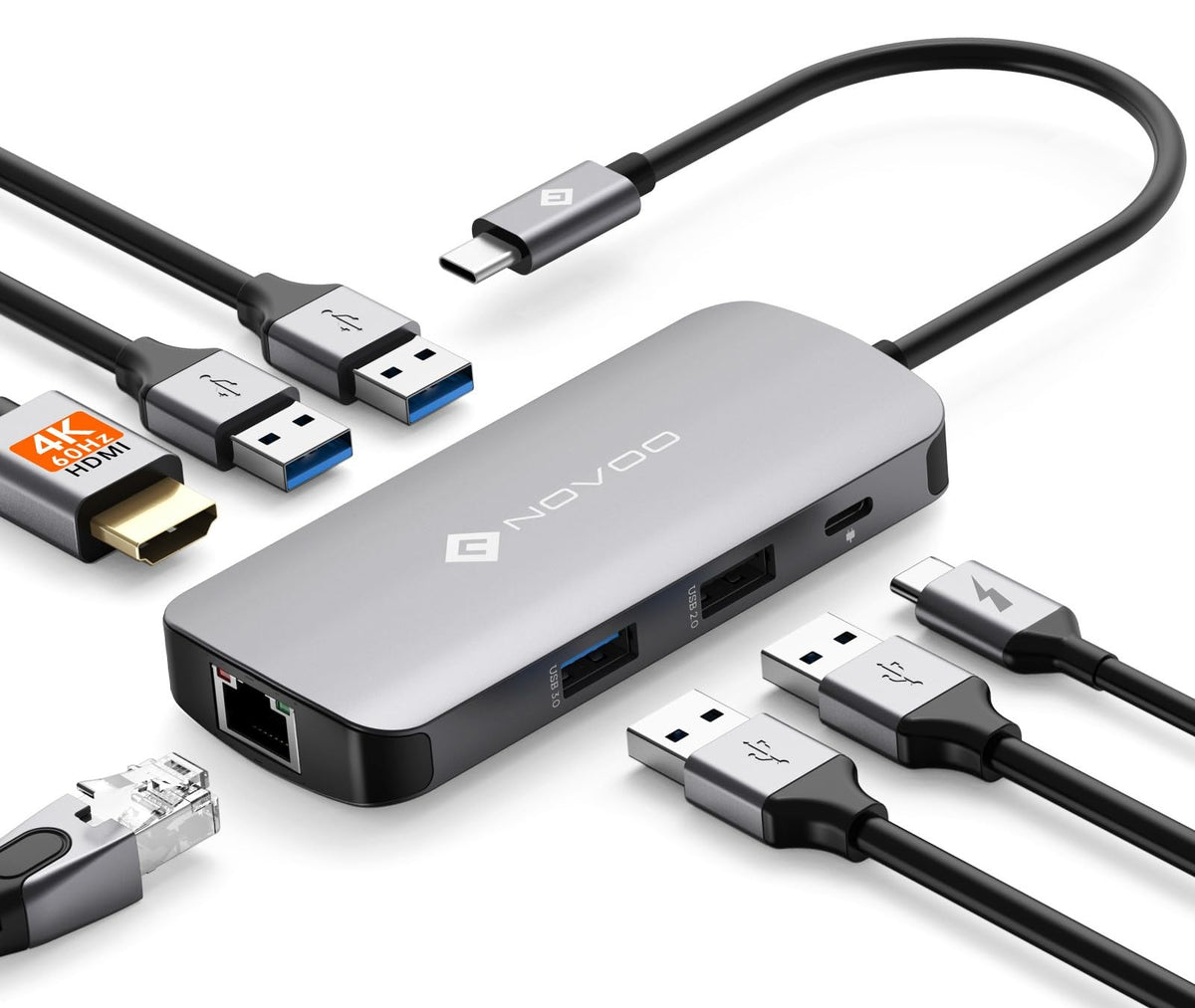 NOVOO 7-in-1 USB-C Hub front view showing compact multiport design for productivity.