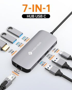 NOVOO 7-in-1 hub ports illustrate easy expandability for USB drives and peripherals.