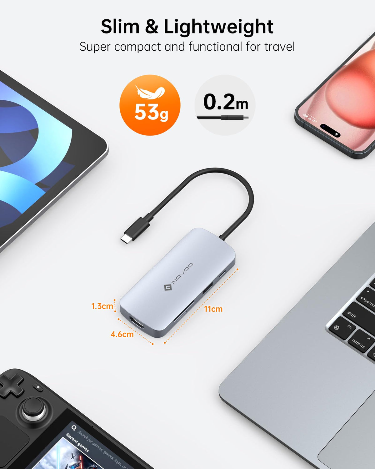 NOVOO compact 9-in-1 hub fits slim setups without clutter.