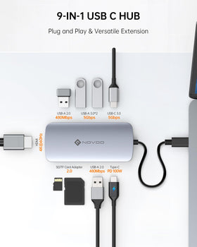 NOVOO hub with fast USB 3.0 ports enables quick data transfers.