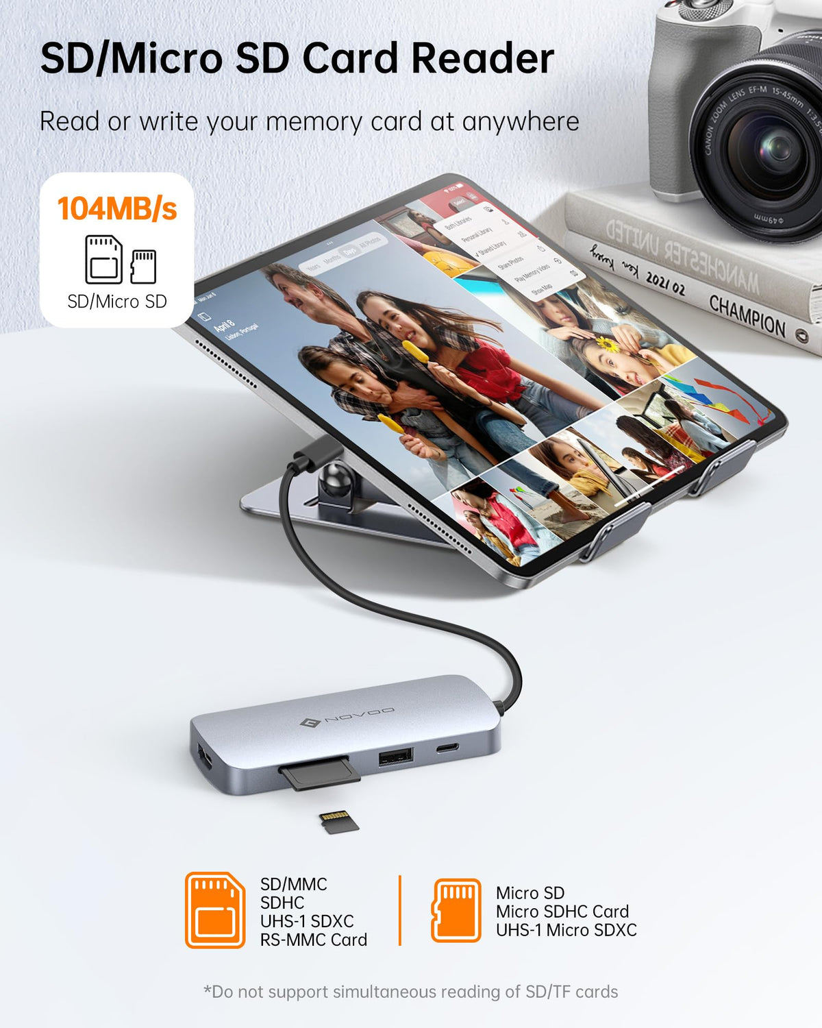 NOVOO SD/TF slots speed media access for photographers on the go.