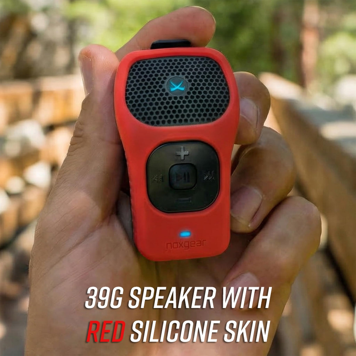 Noxgear 39g spring clip attachment keeps speaker steady on gear
