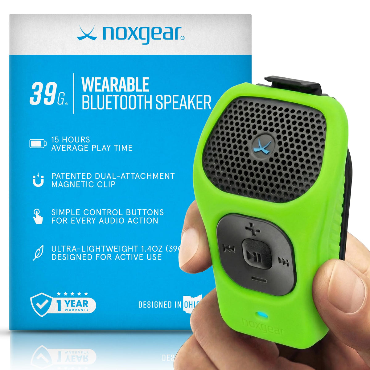 Noxgear 39g wearable speaker with magnetic clip for secure attachment.