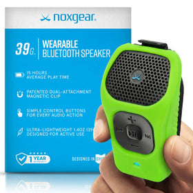Noxgear 39g wearable speaker with magnetic clip for secure attachment.