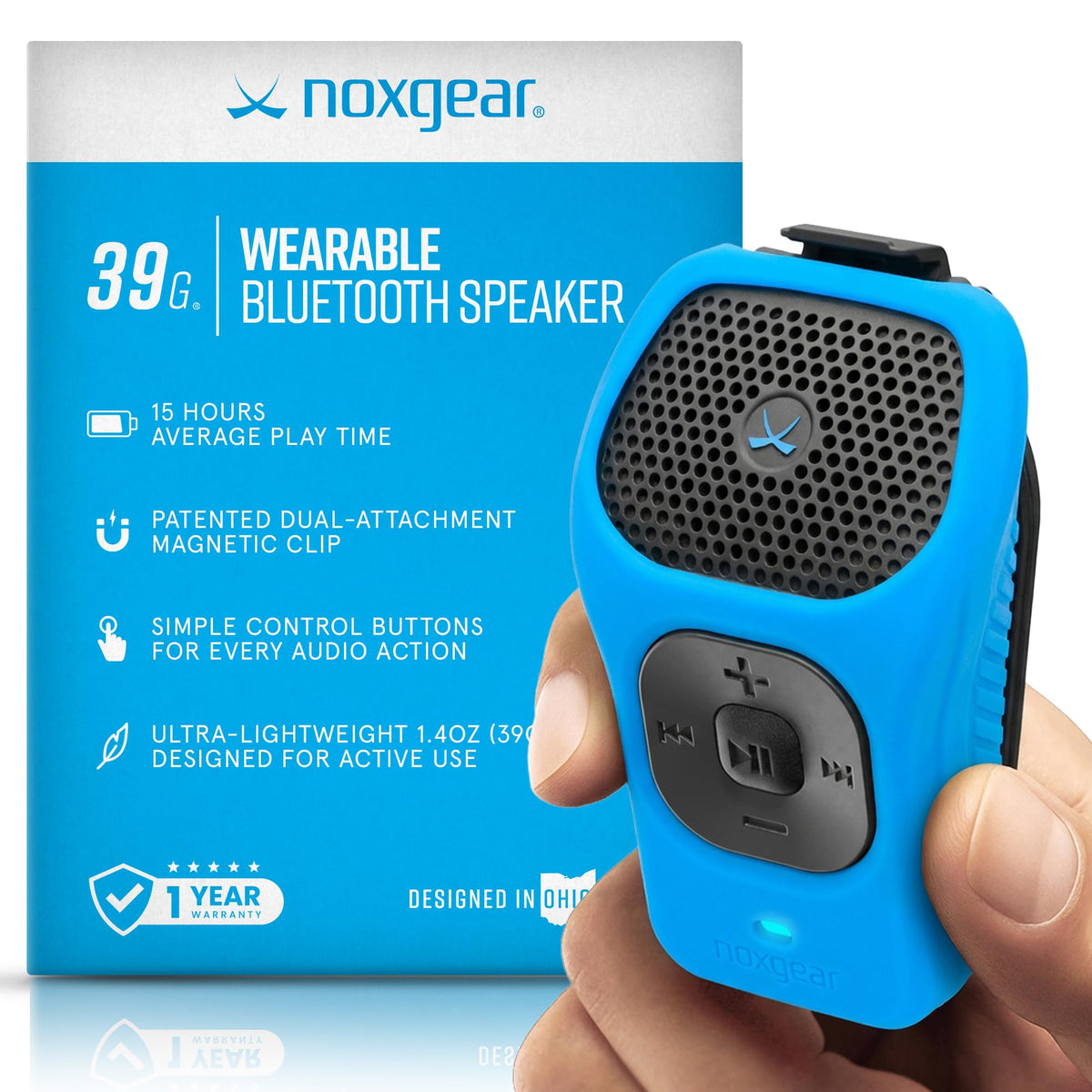 noxgear 39g wearable speaker clipped to gear for hands-free listening on the go