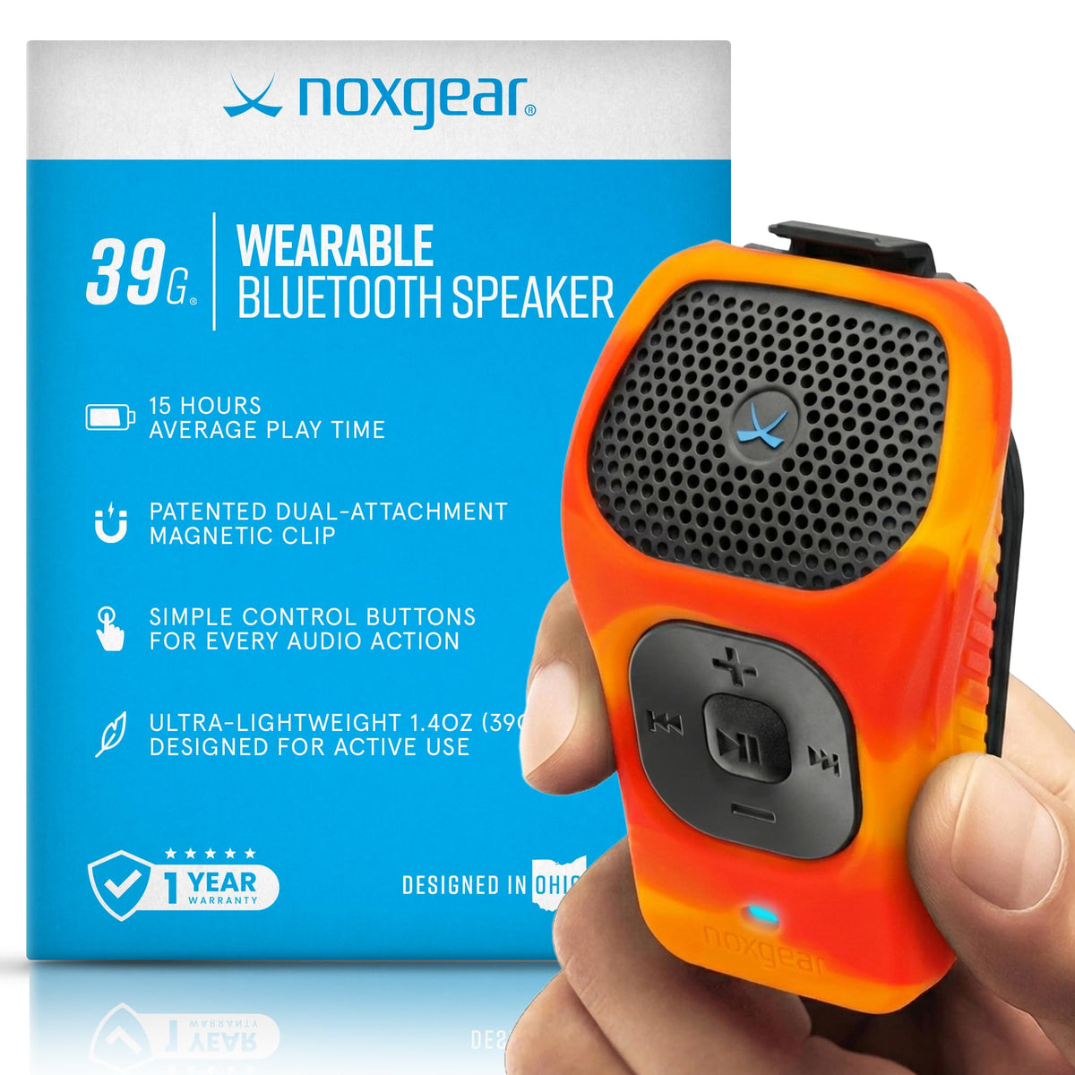 Noxgear 39g wearable speaker clipped to a backpack for hands-free music on the go